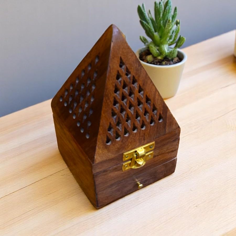 Wooden Pyramid Incense Burner Box With Brass Holder