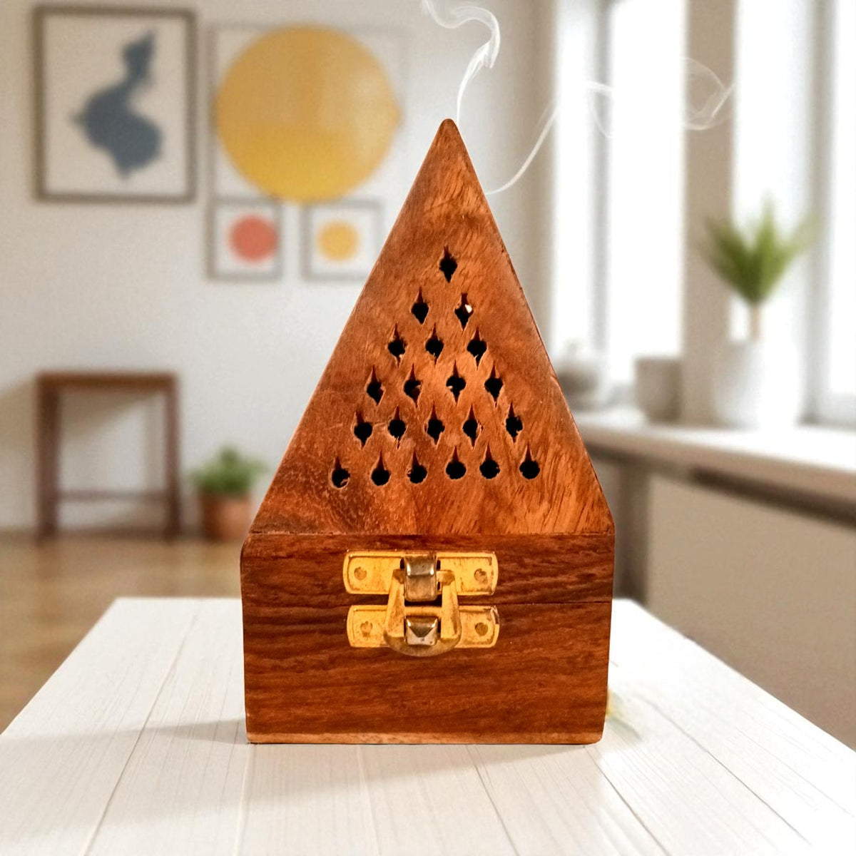 Wooden Pyramid Incense Burner Box With Brass Holder